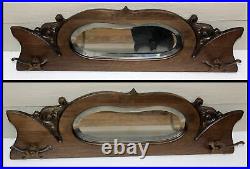 Antique Carved Scrolls Solid Wood Oval Beveled Mirror Wall Mount Coat & Hat Rack
