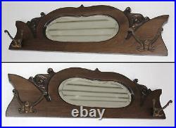 Antique Carved Scrolls Solid Wood Oval Beveled Mirror Wall Mount Coat & Hat Rack