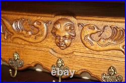 Antique Dutch Fine Cherub Carved Oak Coat Hat Scarf Wall Rack Hanger Royal Hooks
