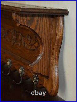 Antique Dutch Heavily Carved Oak Coat Hat Scarf Wall Rack Hanger Royal Hooks
