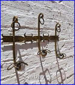 Antique Gold Wrought Iron Coat Hanger Hat Hook Rack French Spanish Country Farm