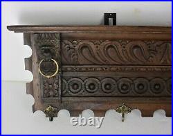 Antique Hand Carved Dark Wood Wall Shelf Coat Kitchen Rack Lion Heads WOW