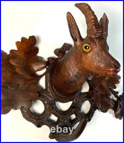 Antique Swiss Black Forest Carved 23.75 Hat Coat Rack, Chamois Goat, Glass Eyes