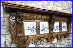 Beautiful Antique Dutch Wooden Coat Rack Oak Wood Wall Rack