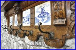 Beautiful Antique Dutch Wooden Coat Rack Oak Wood Wall Rack