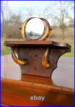 Early Antique Shaving Mirror Cow Horn Vanity coat rack hat rack wood shelf