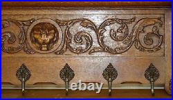 Fine Dutch Heavily Carved Oak Coat Hat Scarf Wall Rack Hanger Lion Head Carved