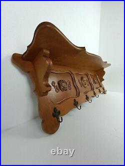 Hand Carved Wood Coat Hat Rack Ornate Breughel Style Faces Shield 30s-40s